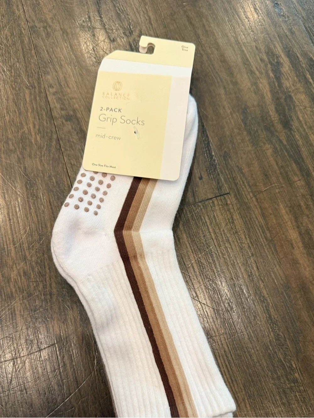 Balance Collection White Mid-Crew Grip Socks with Brown and Tan Stripes - 2-Pack